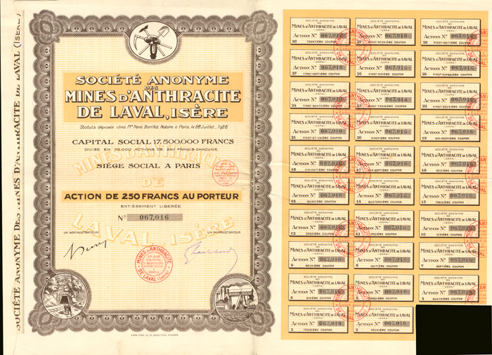 Societe Anonyme des Mines D'Anthracite De Laval, Isere - Stock Certificate